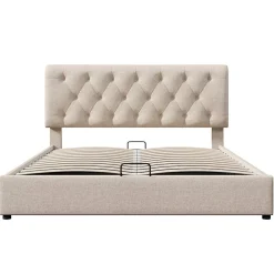 Gutent Lit adulte lit coffre lit 140x200 cm lit de rangement lit rembourré hydraulique lit en métal lit double lin gris clair* Lit Coffre