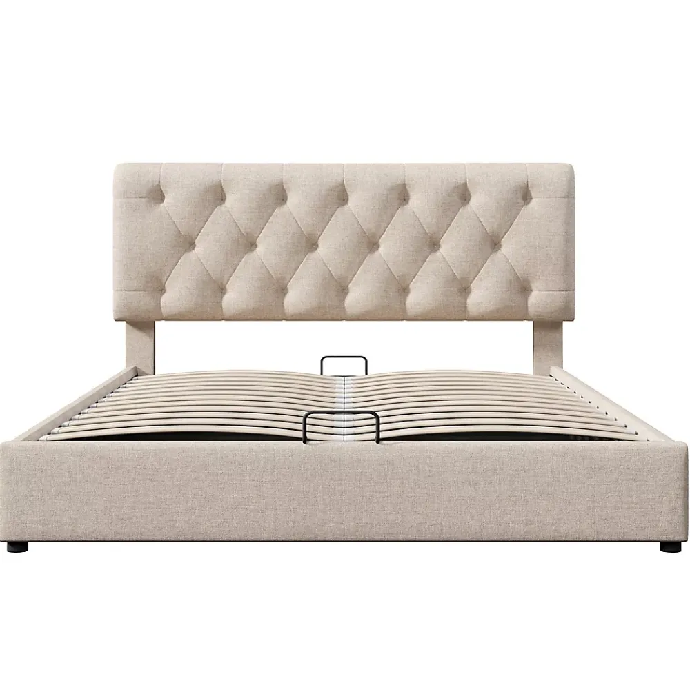 Gutent Lit adulte lit coffre lit 140x200 cm lit de rangement lit rembourré hydraulique lit en métal lit double lin gris clair* Lit Coffre
