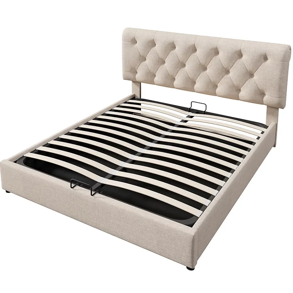 Gutent Lit adulte lit coffre lit 140x200 cm lit de rangement lit rembourré hydraulique lit en métal lit double lin gris clair* Lit Coffre