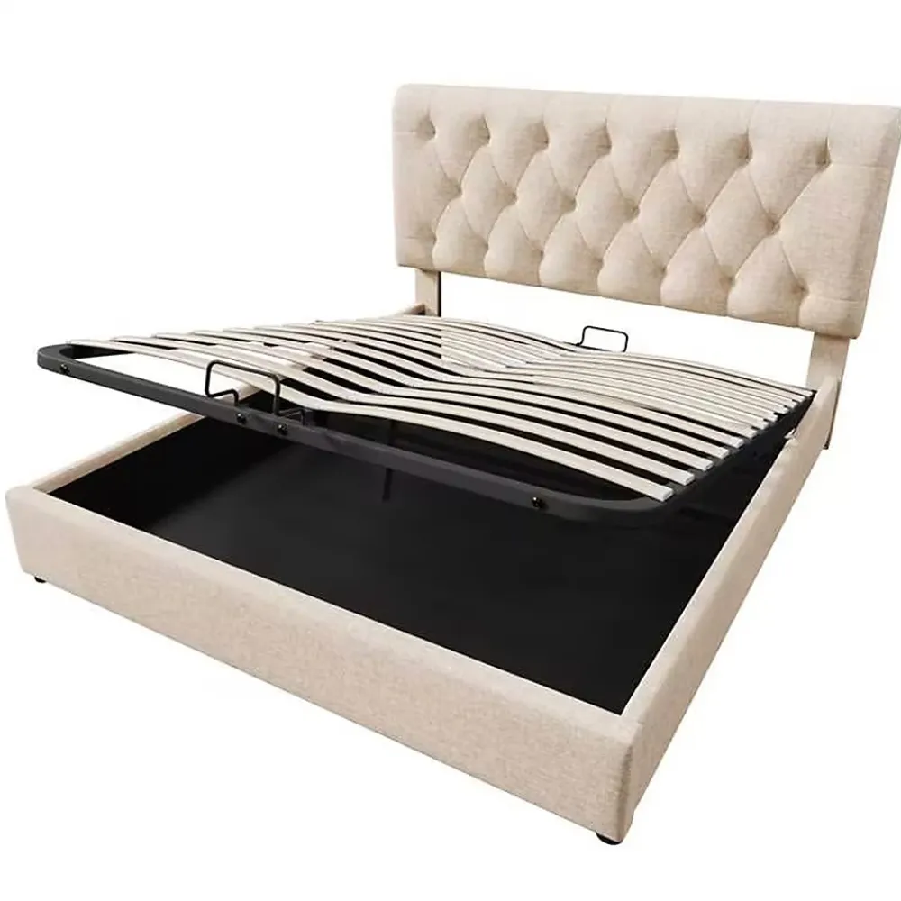 Gutent Lit adulte lit coffre lit 140x200 cm lit de rangement lit rembourré hydraulique lit en métal lit double lin gris clair* Lit Coffre