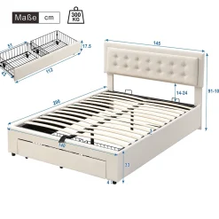 Gutent Lit adulte lit coffre lit 140x200 cm lit de rangement lit rembourré hydraulique lit 2 tiroirs lit double velours beige* Lit Avec Rangement