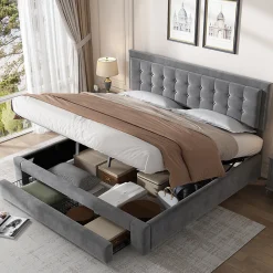 Lit adulte lit coffre lit 180x200 cm lit de rangement lit rembourré hydraulique lit 2 tiroirs lit double velours gris>Gutent