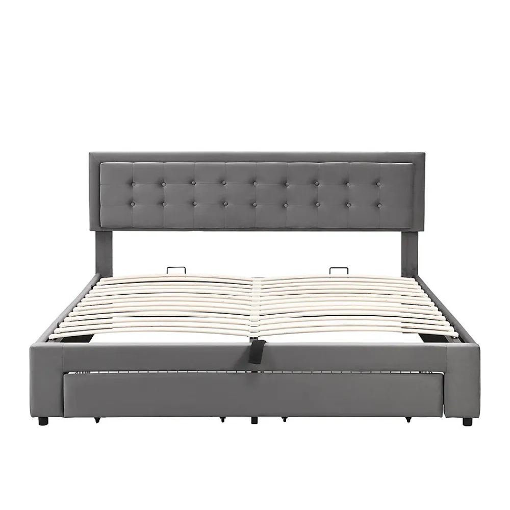Lit adulte lit coffre lit 180x200 cm lit de rangement lit rembourré hydraulique lit 2 tiroirs lit double velours gris>Gutent