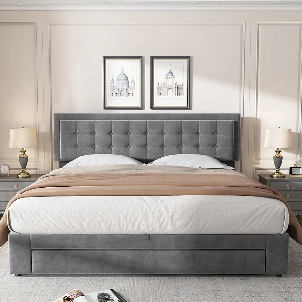 Lit adulte lit coffre lit 180x200 cm lit de rangement lit rembourré hydraulique lit 2 tiroirs lit double velours gris>Gutent
