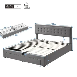 Lit adulte lit coffre lit 180x200 cm lit de rangement lit rembourré hydraulique lit 2 tiroirs lit double velours gris><noscript><img width=