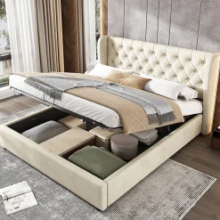 Lit adulte lit coffre lit 140x200 cm lit de rangement lit rembourré hydraulique lit en métal lit double velours beige>Gutent Discount