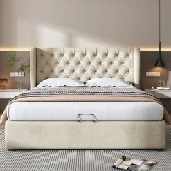 Lit adulte lit coffre lit 140x200 cm lit de rangement lit rembourré hydraulique lit en métal lit double velours beige>Gutent Discount
