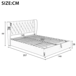 Lit adulte lit coffre lit 140x200 cm lit de rangement lit rembourré hydraulique lit en métal lit double velours beige><noscript><img width=