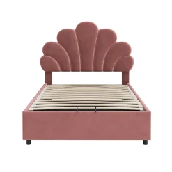 Gutent Lit adulte lit coffre lit 90x200 cm lit de rangement lit rembourré hydraulique lit cadre à lamelles Single velours rose* Lit Avec Rangement