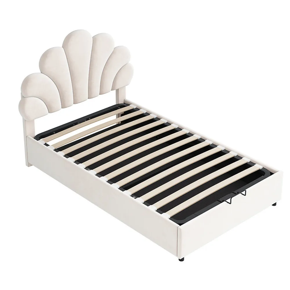 Lit adulte lit coffre lit 90x200 cm lit de rangement lit rembourré hydraulique lit cadre à lamelles Single velours beige>Gutent Clearance
