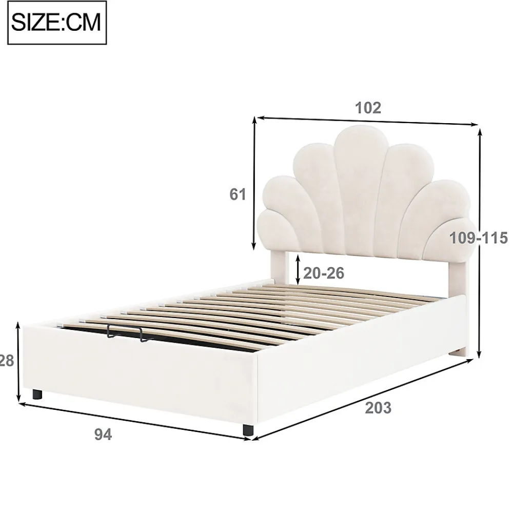 Lit adulte lit coffre lit 90x200 cm lit de rangement lit rembourré hydraulique lit cadre à lamelles Single velours beige>Gutent Clearance