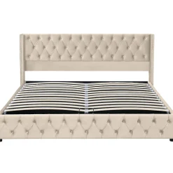 Lit adulte lit coffre lit rembourré hydraulique lit de rangement lit 160x200 cm lit en métal lit double velours beige>Gutent New