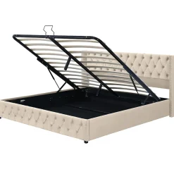 Lit adulte lit coffre lit rembourré hydraulique lit de rangement lit 160x200 cm lit en métal lit double velours beige><noscript><img width=