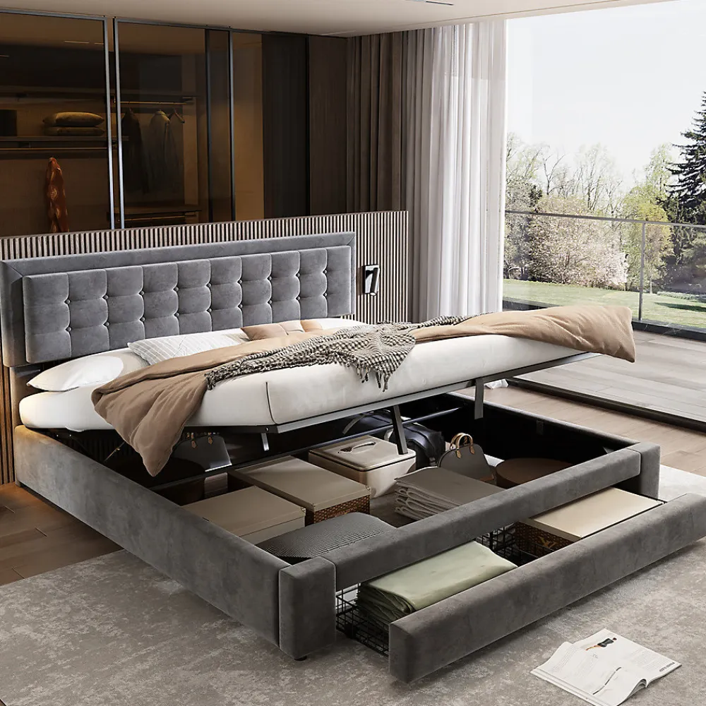 Lit adulte lit coffre lit 160x200 cm lit de rangement lit rembourré hydraulique lit 2 tiroirs lit double velours gris>Gutent