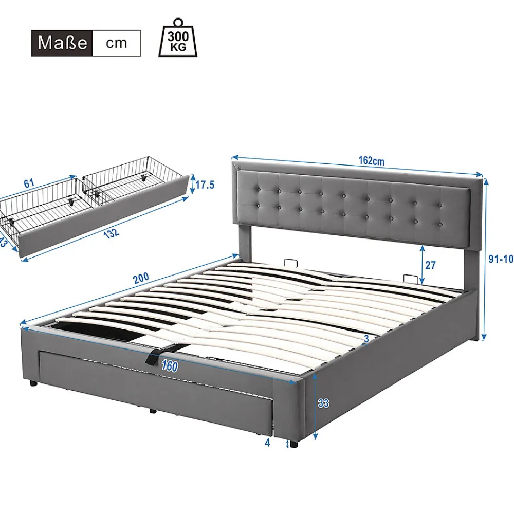 Lit adulte lit coffre lit 160x200 cm lit de rangement lit rembourré hydraulique lit 2 tiroirs lit double velours gris>Gutent