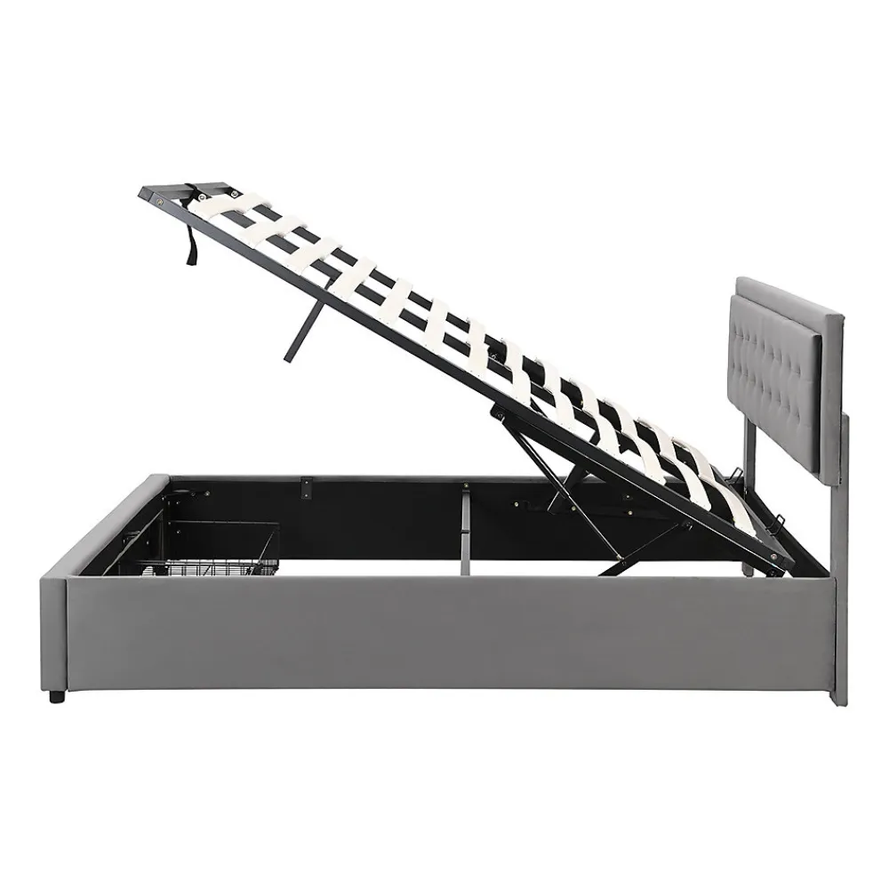 Lit adulte lit coffre lit 160x200 cm lit de rangement lit rembourré hydraulique lit 2 tiroirs lit double velours gris>Gutent