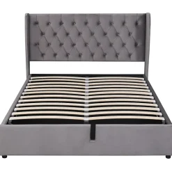 Gutent Lit adulte lit coffre lit 140x200 cm lit de rangement lit rembourré hydraulique lit en métal lit double velours gris* Lit Avec Rangement