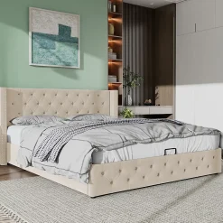 Gutent Lit adulte lit coffre lit rembourré hydraulique lit de rangement lit 140x200 cm lit en métal lit double velours beige* Lit Avec Rangement