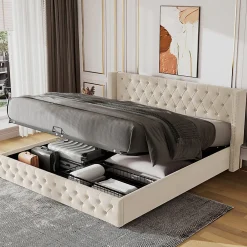 Gutent Lit adulte lit coffre lit rembourré hydraulique lit de rangement lit 140x200 cm lit en métal lit double velours beige* Lit Avec Rangement