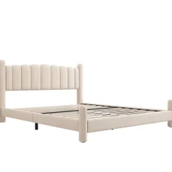 Gutent Lit adulte lit rembourré lit 180x200cm lit cadre à lattes en bois lit pieds de support cylindriques velours beige* Lit Double