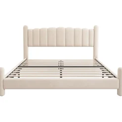 Gutent Lit adulte lit rembourré lit 180x200cm lit cadre à lattes en bois lit pieds de support cylindriques velours beige* Lit Double