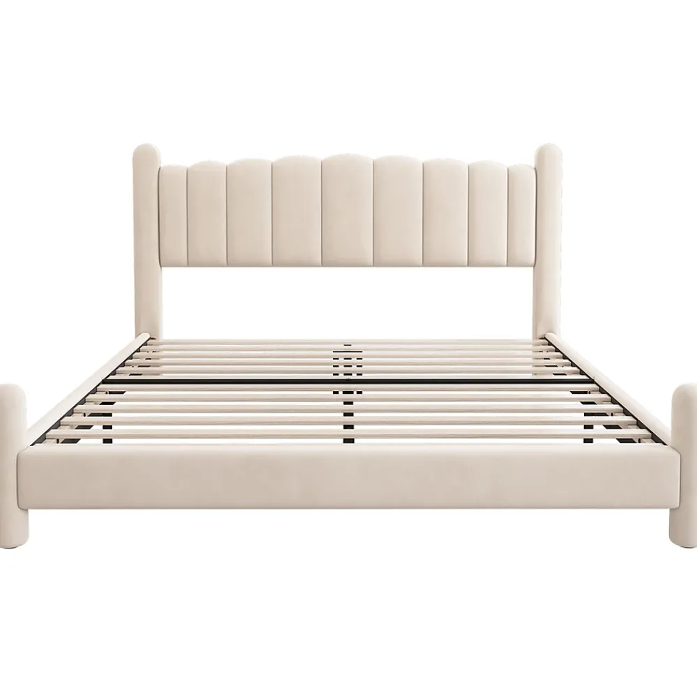 Gutent Lit adulte lit rembourré lit 180x200cm lit cadre à lattes en bois lit pieds de support cylindriques velours beige* Lit Double