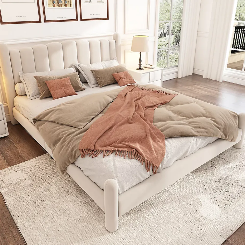 Gutent Lit adulte lit rembourré lit 180x200cm lit cadre à lattes en bois lit pieds de support cylindriques velours beige* Lit Double