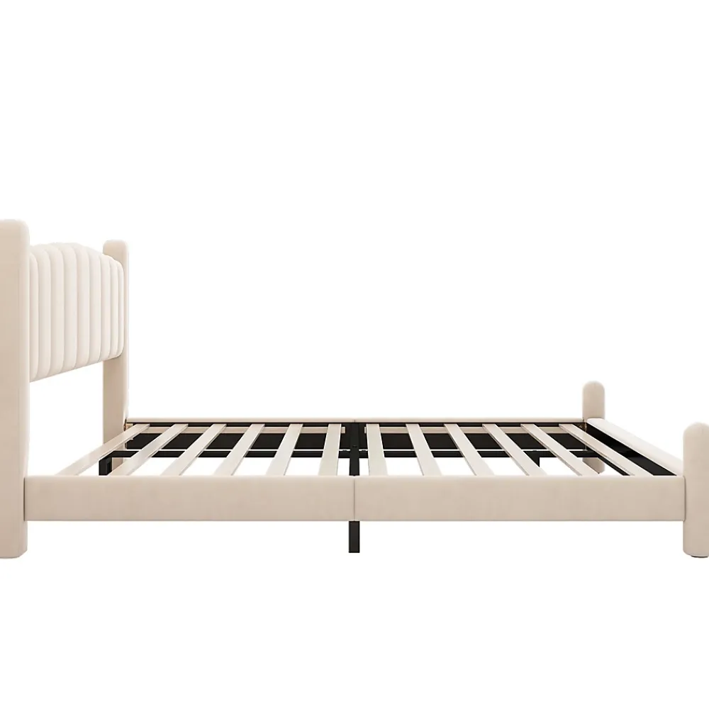 Gutent Lit adulte lit rembourré lit 180x200cm lit cadre à lattes en bois lit pieds de support cylindriques velours beige* Lit Double