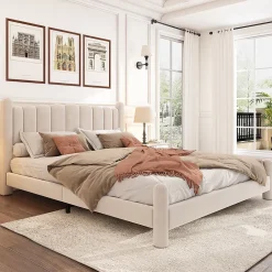 Gutent Lit adulte lit rembourré lit 180x200cm lit cadre à lattes en bois lit pieds de support cylindriques velours beige* Lit Double
