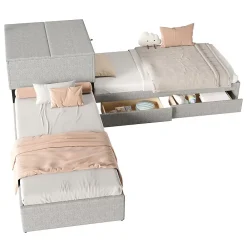 Gutent Lit adulte lit rembourré lit 90x200 cm avec armoire de rangement et tiroir lit double lin gris* Lit Avec Rangement