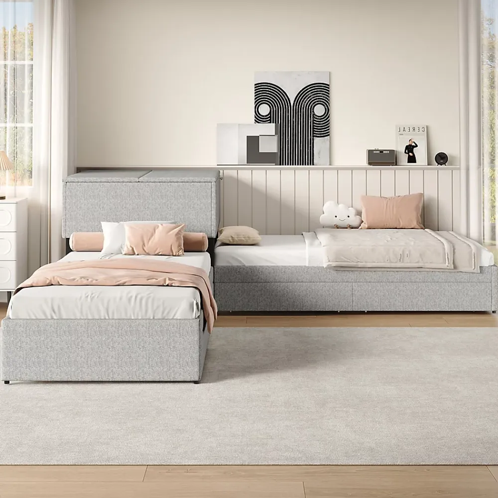 Gutent Lit adulte lit rembourré lit 90x200 cm avec armoire de rangement et tiroir lit double lin gris* Lit Avec Rangement