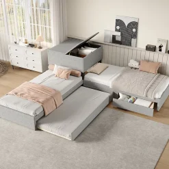 Gutent Lit adulte lit rembourré lit 90x200 cm avec armoire de rangement et tiroir lit double lin gris* Lit Avec Rangement