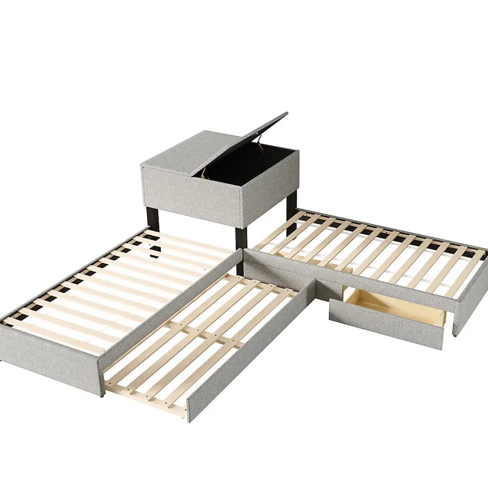 Gutent Lit adulte lit rembourré lit 90x200 cm avec armoire de rangement et tiroir lit double lin gris* Lit Avec Rangement