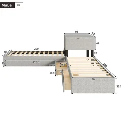 Gutent Lit adulte lit rembourré lit 90x200 cm avec armoire de rangement et tiroir lit double lin gris* Lit Avec Rangement