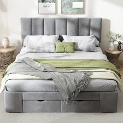 Gutent Lit adulte lit rembourré 140x200 cm, avec dossier,sommier à lattes et 4 tiroirs, velours, gris* Lit Avec Rangement
