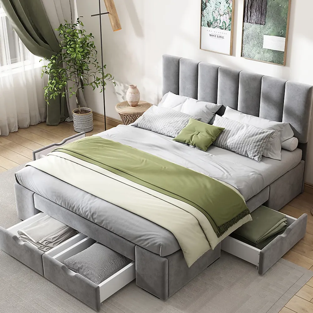 Gutent Lit adulte lit rembourré 140x200 cm, avec dossier,sommier à lattes et 4 tiroirs, velours, gris* Lit Avec Rangement