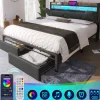 Gutent Lit adulte lit 140x200 cm avec cadre métallique lit rembourré avec éclairage led et tiroirs lit double lin gris* Lit Avec Rangement