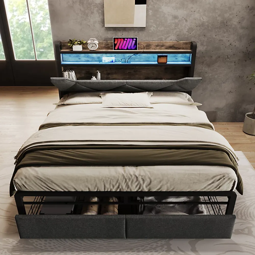 Gutent Lit adulte lit 140x200 cm avec cadre métallique lit rembourré avec éclairage led et tiroirs lit double lin gris* Lit Avec Rangement
