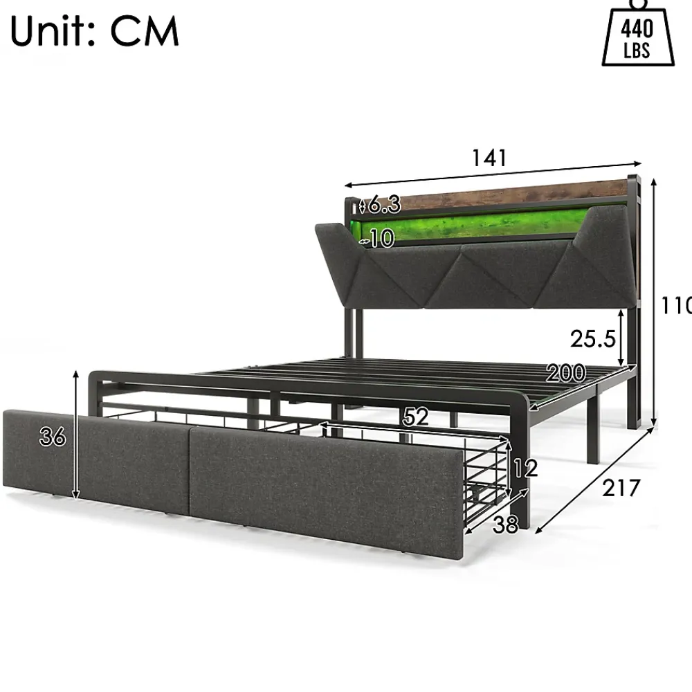 Gutent Lit adulte lit 140x200 cm avec cadre métallique lit rembourré avec éclairage led et tiroirs lit double lin gris* Lit Avec Rangement