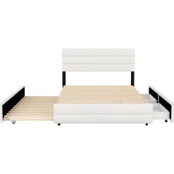 Lit adulte lit 140x200 cm avec brocheuse et deux tiroirs lit double lin beige><noscript><img width=