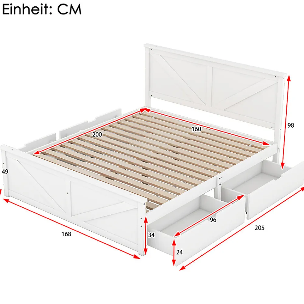 Lit adulte lit 160x200 cm avec 4 tiroirs Single pin blanc>Gutent Outlet