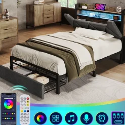 Gutent Lit adulte lit 90x200 cm avec cadre métallique lit rembourré avec éclairage led et tiroirs Single lin gris* Lit Avec Rangement