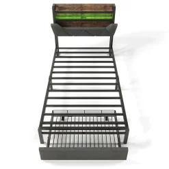 Gutent Lit adulte lit 90x200 cm avec cadre métallique lit rembourré avec éclairage led et tiroirs Single lin gris* Lit Avec Rangement