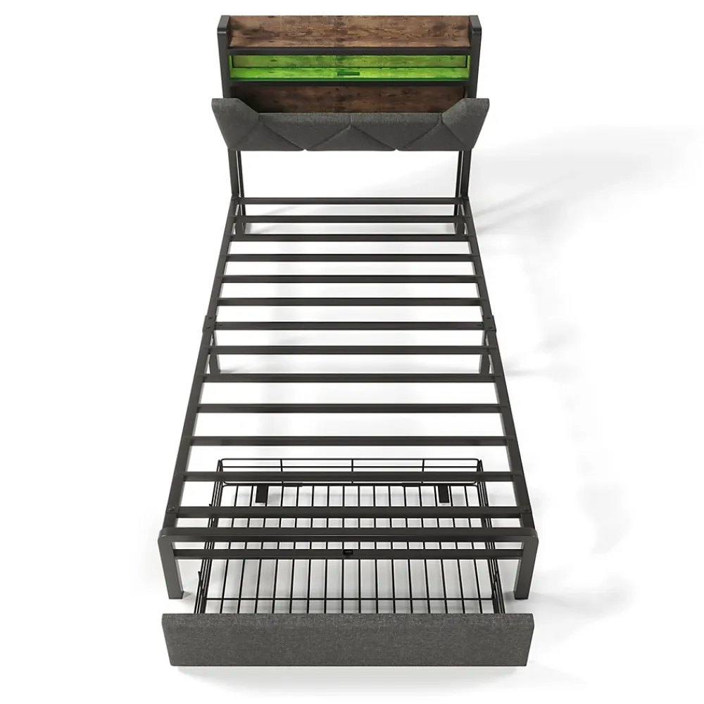 Gutent Lit adulte lit 90x200 cm avec cadre métallique lit rembourré avec éclairage led et tiroirs Single lin gris* Lit Avec Rangement
