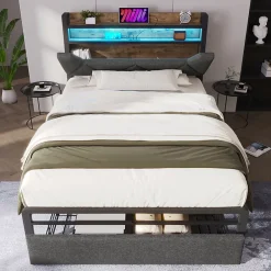 Gutent Lit adulte lit 90x200 cm avec cadre métallique lit rembourré avec éclairage led et tiroirs Single lin gris* Lit Avec Rangement