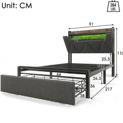 Gutent Lit adulte lit 90x200 cm avec cadre métallique lit rembourré avec éclairage led et tiroirs Single lin gris* Lit Avec Rangement