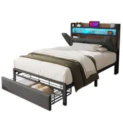 Gutent Lit adulte lit 90x200 cm avec cadre métallique lit rembourré avec éclairage led et tiroirs Single lin gris* Lit Avec Rangement