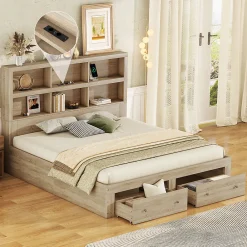 Lit adulte lit 160x200 cm avec deux tiroirs avec rangement tête de lit lit double panneau de particules Neutral>Gutent Online