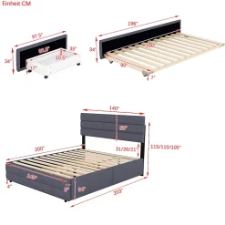 Gutent Lit adulte lit 140x200 cm avec brocheuse et deux tiroirs lit double lin gris* Lit Gigogne