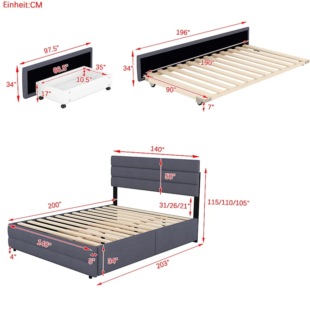 Gutent Lit adulte lit 140x200 cm avec brocheuse et deux tiroirs lit double lin gris* Lit Gigogne